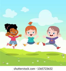 kids jump together in the garden vector illustration