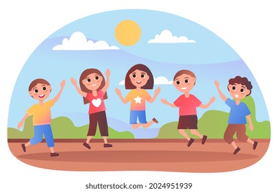 Kids jump up. Group of children are happy to walk on fresh air. Teenagers laugh and play together after class. Beautiful summer day. Cartoon flat vector illustration isolated on white background