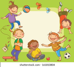 Kids jumping around placard. Children Sport isolated objects on green background. Great illustration for a school books and more. VECTOR. Editorial. Education. Advertising. Board.