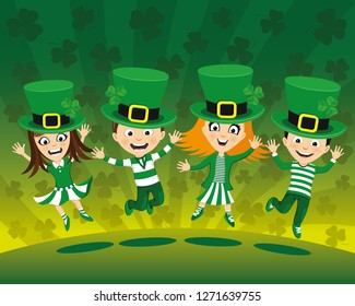 Kids jumping in costumes for St. Patrick's Day.
