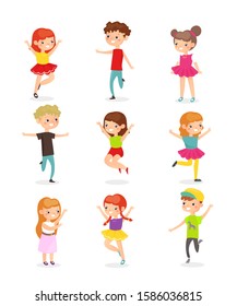 Kids jumping flat vector illustrations set. Joyful children in motion cartoon characters pack. Carefree preschoolers having fun isolated on white background. Adorable toddlers waving hands and running