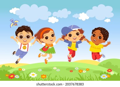 Kids jumping grass. Happy children having fun on