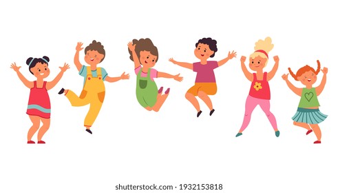 Kids jumping. Happy cartoon child, excited children jump together. Fun preschool boy girl, isolated friends playing laugh vector illustration