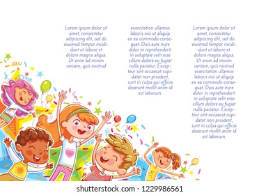 Kids jumping have fun in children's party. Template for advertising brochure. Children's background for your design. Ready for your message. Funny cartoon character. Vector illustration