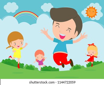 Kids jumping with joy, happy jumping kids, happy cartoon child playing outside, Kids playing on background, Vector illustration