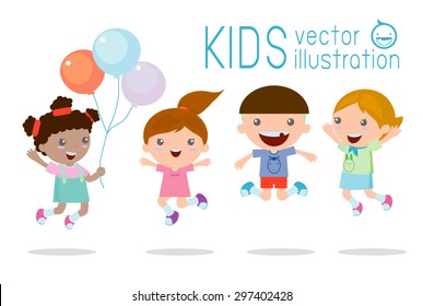 Kids jumping with joy , happy jumping kids, happy cartoon kids playing, Kids playing  on white background ,  Vector illustration