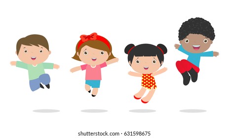 Kids jumping with joy , happy jumping kids, happy cartoon child playing, Kids playing on white background , Vector illustration