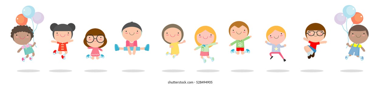 Kids jumping with joy , happy jumping childern, happy cartoon child playing on white background , Vector illustration