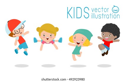 Kids jumping with joy, Multi-ethnic children jumping, happy cartoon child playing on white background ,Vector illustration