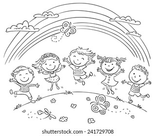 Kids Jumping With Joy On A Hill Under Rainbow, Black And White Outline