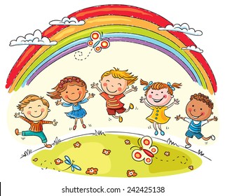 Kids jumping with joy on a hill under rainbow, colorful cartoon