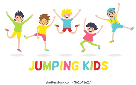 Kids jumping with joy on white background. Vector illustration.