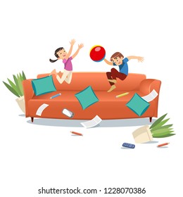 Kids jumping on the couch playing with a ball. Cartoon vector illustration isolated on white background. Family concept. Mischievous brother and sister having fun at home.