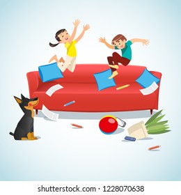 Kids jumping on the couch playing with a ball. Cartoon vector illustration isolated on blue background. Family concept. Mischievous brother and sister having fun at home.