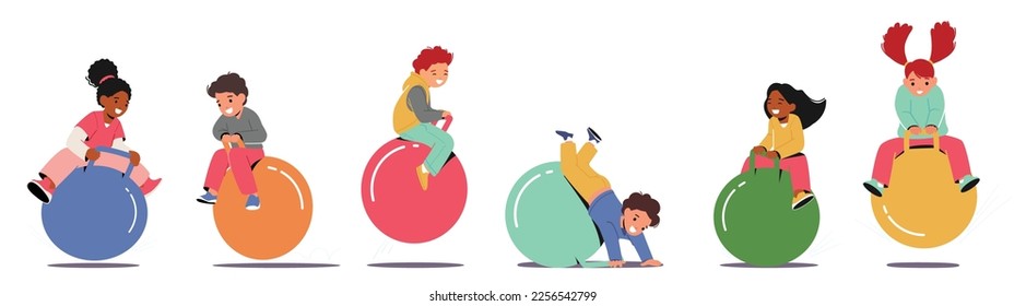 Kids Jumping On Fitness Ball Isolated On White Background. Little Children Characters Having Fun Or Take Part In Amusement Competition. Friends Jump On Fitball. Cartoon People Vector Illustration