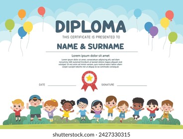 Kids are jumping on the park. Children's activities. Template for Certificate kids diploma.