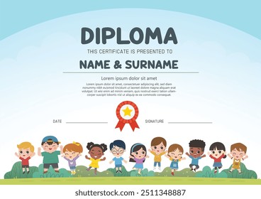 Kids are jumping on the park. Children's activities. Template for Certificate kids diploma.