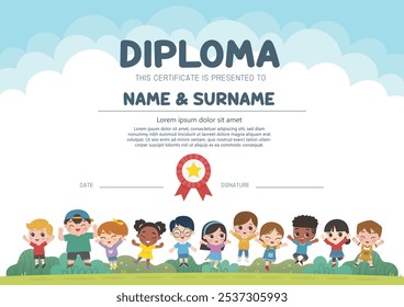 Kids are jumping on the park. Children's activities. Template for Certificate kids diploma.