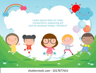 Kids jumping on the playground, children jump with joy, happy cartoon child playing on background, Template for advertising brochure,your text , Kids and frame,child and frame,Vector Illustration