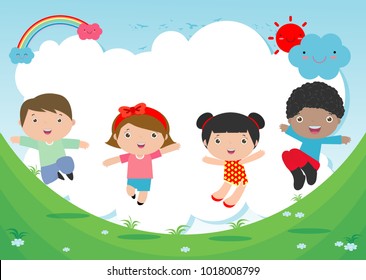 Kids jumping on the playground, children jump with joy, happy cartoon child playing on background, Template for advertising brochure,your text , Kids and frame,child and frame,Vector Illustration