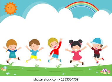 Kids jumping on the playground, children jump with joy, happy cartoon child playing on background, Template for advertising brochure,your text , Kids and frame,child and frame,Vector Illustration