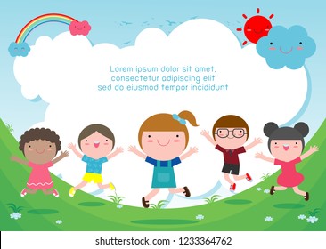 Kids jumping on the playground, children jump with joy, happy cartoon child playing on background, Template for advertising brochure,your text , Kids and frame,child and frame,Vector Illustration