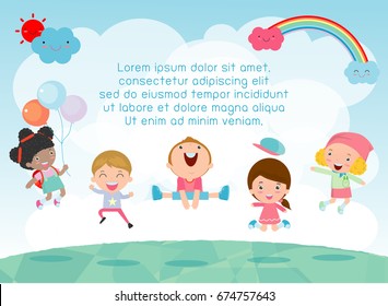 Kids jumping on the playground, children jump with joy, happy cartoon child playing on background, Template for advertising brochure,your text , Kids and frame,child and frame,Vector Illustration