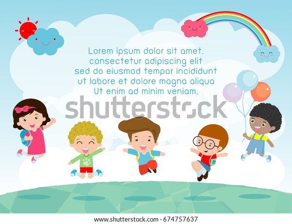 子どもたちが遊び場 でジャンプし 子どもが喜びでジャンプし 幸せな漫画の子どもが背景で遊ぶ 広告用のパンフレット テキスト 子どもとフレーム 子どもとフレーム ベクター イラスト のベクター画像素材 ロイヤリティフリー