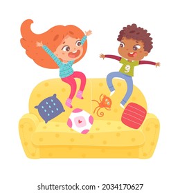 Kids jumping on sofa and having fun. Active leisure for children vector illustration. Boy and girl playing on yellow couch with pillows and toys isolated on white background.