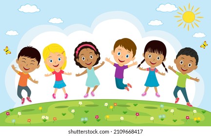 kids jumping on the summer background, illustration,vector