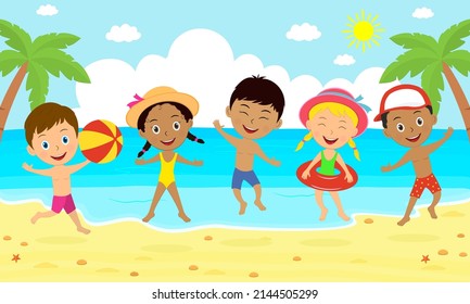 niños saltando sobre el fondo del verano, ilustración, vector