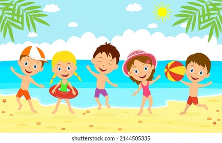 Kinder, die auf Sommerhintergrund springen, Vektorgrafik