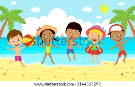 kids jumping on the summer background, illustration,vector