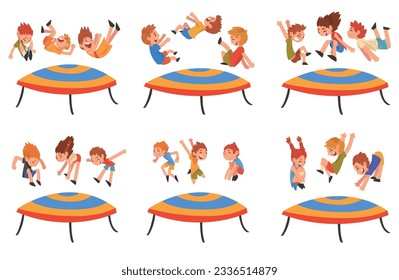 Niños saltando sobre el rodaje de Trampoline y teniendo un juego de vectores divertidos
