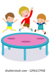 Kids jumping on trampoline. child Practicing Different Sports And Physical Activities In Physical Education Class Vector flat cartoon illustration 