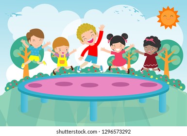 Kids jumping on trampoline. child Practicing Different Sports And Physical Activities In Physical Education Class Vector flat cartoon illustration 