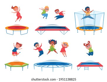 Kids jumping on trampoline. Happy boys, girls bouncing and having fun. Energetic children jump together. Group outdoor activity cartoon vector set. Characters having leisure time and entertainment