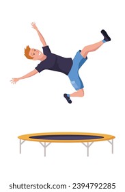 Kids jumping on trampoline icon. Child activities design element. Indoor or outdoor fun, fitness jumping. Equipment acrobatic and gymnastic exercises. Vector illustration