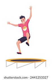 Kids jumping on trampoline icon. Child activities design element. Indoor or outdoor fun, fitness jumping. Equipment acrobatic and gymnastic exercises. Vector illustration