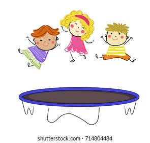 Kids jumping on trampoline. Vector flat cartoon illustration