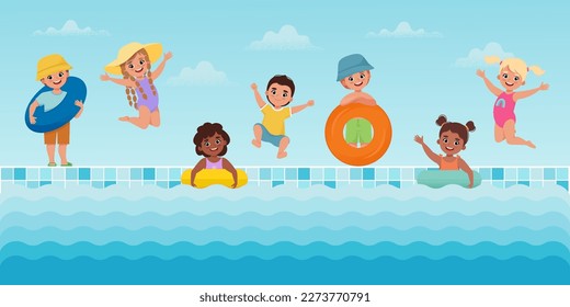 Kids jumping and playing near the pool. Happy Children in summer. Vector illustration in cartoon flat style