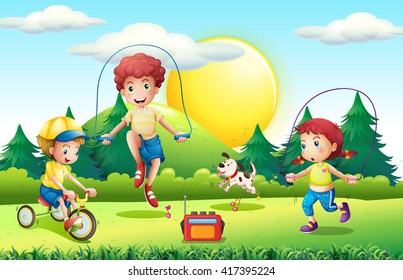 Kids jumping rope in the park illustration