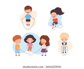 Kids jumping rope, set of cartoon style vector illustration isolated on white background. Happy cute children, boys and girls play skipping rope. Pictures for childrens or education design