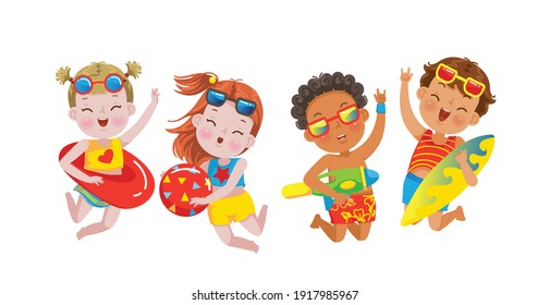 Niños saltando. Escenas de verano con niños. Vacaciones en el mar. Niña nade con un círculo inflable de goma. Surf, Voleibol, Juguete. Los niños saltan a la playa en verano. Caricatura divertida.