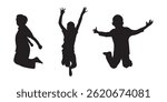 Kids Jumping Silhouette Vector  . Black silhouette of children jumping for joy. Active kids jumping or trampolining, outline elements collection, flat vector isolated on white background. 