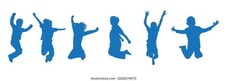 Kids Jumping Silhouette Vector  . Black silhouette of children jumping for joy. Active kids jumping or trampolining, outline elements collection, flat vector isolated on white background. 