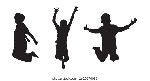 Kids Jumping Silhouette Vector  . Black silhouette of children jumping for joy. Active kids jumping or trampolining, outline elements collection, flat vector isolated on white background. 