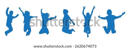 Kids Jumping Silhouette Vector  . Black silhouette of children jumping for joy. Active kids jumping or trampolining, outline elements collection, flat vector isolated on white background. 