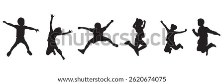 Kids Jumping Silhouette Vector  . Black silhouette of children jumping for joy. Active kids jumping or trampolining, outline elements collection, flat vector isolated on white background. 