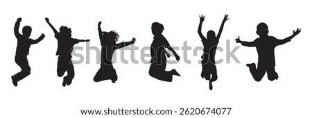 Kids Jumping Silhouette Vector  . Black silhouette of children jumping for joy. Active kids jumping or trampolining, outline elements collection, flat vector isolated on white background. 